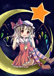  :d ascot blonde_hair boots commentary_request crescent_moon double_v female flandre_scarlet hat kazura long_hair looking_at_viewer moon oerba_yun_fang on_crescent open_mouth red_eyes sitting skirt skirt_set smile solo star_(symbol) striped_clothes striped_thighhighs thighhighs touhou v wings 