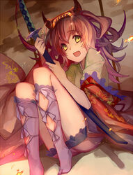  blush breasts commentary_request demon_girl female green_eyes horns kneehighs long_hair looking_at_viewer medium_breasts nemeko open_mouth original sitting smile socks solo sword weapon 