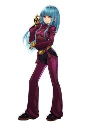  belt blue_hair bodysuit breasts deyouron female gloves highres jacket kula_diamond long_hair looking_at_viewer medium_breasts purple_bodysuit purple_eyes red_eyes simple_background smile solo the_king_of_fighters the_king_of_fighters_2000 white_background 