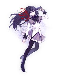  akemi_homura akemi_homura_(magical_girl) argyle_clothes argyle_footwear black_boots black_hair black_hairband blood boots capelet female flower full_body gun gun_to_head hairband high_heel_boots high_heels highres holding holding_gun holding_weapon homulilly jacket long_hair looking_at_viewer mahou_shoujo_madoka_magica mahou_shoujo_madoka_magica_(anime) neck_ribbon purple_capelet purple_eyes purple_ribbon purple_skirt ribbon risheng_yueyin simple_background skirt smile solo spider_lily suicide thigh_boots weapon white_background white_jacket 