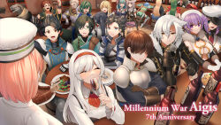  6+boys 6+girls akagi_kurage alcohol allegro_(sennen_sensou_aigis) anna_(sennen_sensou_aigis) armor augusta_(sennen_sensou_aigis) bar_(place) black_gloves blonde_hair breasts brown_hair carrie_(sennen_sensou_aigis) character_request cleavage closed_eyes cup curled_horns dragon drinking earrings emperor_(sennen_sensou_aigis) everyone food georg_(sennen_sensou_aigis) glasses gloves hair_over_eyes hat hat_feather headband highres holding holding_cup horns indoors jake_(sennen_sensou_aigis) jewelry katie_(sennen_sensou_aigis) lapis_(sennen_sensou_aigis) large_breasts leona_(sennen_sensou_aigis) leora_(sennen_sensou_aigis) long_hair lucia_(sennen_sensou_aigis) multiple_boys multiple_girls old old_man oscar_(sennen_sensou_aigis) phyllis_(sennen_sensou_aigis) pointy_ears ponytail prince_(sennen_sensou_aigis) red_headband robert_(sennen_sensou_aigis) sabein_(sennen_sensou_aigis) scar scar_on_cheek scar_on_face sennen_sensou_aigis short_hair sitting spiked_hair stool white_gloves white_hair white_hat wine 