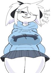  anthro big_breasts black_ears breasts canid canine canis clothed clothing describing_height describing_viewer dialogue digital_media_(artwork) domestic_dog english_text female hi_res hoodie looming low-angle_view mammal pepper_(puppkittyfan1) puppkittyfan1 smug solo sweater talking_to_viewer taunting teeth text thick_thighs toothy_grin topwear white_body wide_hips 