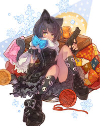  animal_ears basket beretta_92 black_dress black_footwear black_socks blue_bow bow cat_ears cat_girl cat_tail commentary_request commission covered_mouth dress female food fringe_trim fruit full_body gun haku_(sabosoda) handgun highres holding holding_gun holding_weapon kotatsu looking_at_viewer mandarin_orange original platform_footwear polka_dot polka_dot_background print_socks scarf skeb_commission skull_print snowflakes socks solo table tail weapon white_scarf yarn yarn_ball 