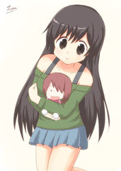  blue_skirt blush brown_hair character_doll collarbone commentary female green_sweater hair_between_eyes hoshino_miyako_(wataten) long_hair looking_at_viewer matsumoto_kouko off-shoulder_shirt off_shoulder pleated_skirt shirt simple_background skirt smile solo stuffed_toy sweater topon very_long_hair watashi_ni_tenshi_ga_maiorita! 