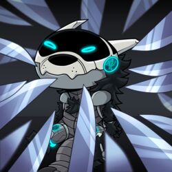  1:1 ambiguous_gender anthro chibi cybernetics cyborg hi_res humor knife knife_cat machine male meme narrowed_eyes netamikatze robot screen screen_face sharc_blazer_(sharc_blazer) simple_background sitting smug_cat solo squint synth_(vader-san) threatening threatening_with_weapon 