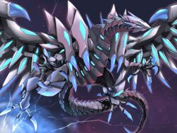  blue-eyes_chaos_max_dragon blue_eyes claws dragon duel_monster electricity flying highres no_humans ryou_(cagw5223) sharp_teeth tail teeth wings yu-gi-oh! 