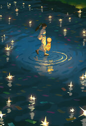  absurdres afloat brown_hair candle closed_eyes closed_mouth commentary_request female from_side hair_ornament highres holding holding_lantern japanese_clothes kimono lantern leaf_hair_ornament long_hair natsu3summer obi original paper_lantern ponytail print_kimono profile ripples sandals sash scenery shide solo tanabata walking walking_on_liquid water white_kimono wide_shot 