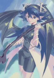  bat_wings black_jumpsuit black_wings blue_capelet blue_eyes blue_hair capelet closed_mouth covered_navel dark_blue_hair female flipped_hair holding jumpsuit looking_at_viewer overskirt pointy_ears riviera serene_(riviera) short_hair short_jumpsuit smile solo turtleneck vaison wings 