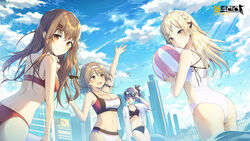  4girls :d adjusting_eyewear anniversary arm_up ass back ball bare_arms bare_shoulders beachball bikini bird black_bikini blonde_hair blue_sky blush braid breasts brown_eyes brown_hair building casual_one-piece_swimsuit city cleavage closed_mouth cloud collarbone commentary_request copyright_name country_connection crown_braid day eyewear_on_head girls&#039;_frontline hairband hand_on_eyewear heterochromia highres holding holding_ball innertube k11_(girls&#039;_frontline) k2_(girls&#039;_frontline) k3_(girls&#039;_frontline) k5_(girls&#039;_frontline) korean_commentary large_breasts long_hair looking_at_viewer multicolored_bikini multicolored_clothes multiple_girls navel official_art one-piece_swimsuit open_clothes open_mouth open_shirt outdoors parted_lips pink_eyes ponytail purple_hair red_bikini shirt short_sleeves sky small_breasts smile stomach sunglasses swim_ring swimsuit v-shaped_eyebrows white_hairband white_one-piece_swimsuit white_shirt yampa 