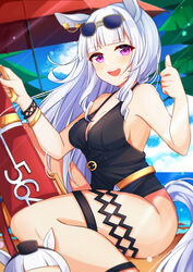  :d absurdres animal_ears beach blue_sky blunt_bangs breasts chinese_commentary cleavage cloud cloudy_sky commentary earrings eyewear_on_head female gold_ship_(run_revolt_launcher)_(umamusume) gold_ship_(umamusume) highres horse_ears horse_girl horse_tail jewelry long_hair looking_at_viewer mixed-language_commentary number_pun official_alternate_costume one-piece_swimsuit open_mouth outdoors palm_tree purple_eyes purple_hair roppongi_(fmcn7578) sand sky smile solo sunglasses swimsuit tail thumbs_up tree umamusume umbrella water 