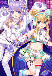  2girls :d albacore_(azur_lane) albacore_(muse)_(azur_lane) arms_up azur_lane blonde_hair blue_eyes blush boots commentary crop_top double_bun fur-trimmed_legwear fur_trim green_eyes green_vest hair_between_eyes hair_bun headphones headset looking_at_viewer md5_mismatch midriff multiple_girls navel open_clothes open_mouth open_vest plaid plaid_shirt plaid_skirt plaid_vest pleated_skirt purple_hair purple_shirt purple_skirt resolution_mismatch shirt short_shorts shorts sidelocks single_thighhigh skirt sleeveless sleeveless_shirt smile source_larger standing standing_on_one_leg star_(symbol) symbol-only_commentary tashkent_(azur_lane) tashkent_(muse)_(azur_lane) thighhighs tukino_neru vest white_footwear white_shirt white_shorts white_thighhighs 