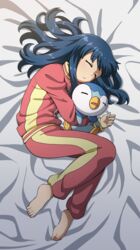  barefoot bed_sheet closed_eyes commentary dawn_(pokemon) eyelashes feet female highres holding holding_pokemon long_hair long_sleeves lying on_side pajamas pants parted_lips piplup pokemon pokemon_(anime) pokemon_(creature) pokemon_dppt_(anime) sleeping suitenan toes 