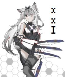  absurdres animal_ears bare_shoulders black_bodysuit black_hairband black_sleeves black_thighhighs blade bodysuit character_name claw_(weapon) detached_sleeves female grey_eyes grey_hair hairband heterochromia highres long_hair looking_at_viewer mismatched_pupils multicolored_hair no.21:_feral_scent_(punishing:_gray_raven) no.21_(punishing:_gray_raven) parted_lips punishing:_gray_raven red_hair red_pupils sidelocks sleeves_past_fingers sleeves_past_wrists solo streaked_hair thighhighs very_long_hair weapon white_eyes wide_sleeves wolf_ears yongsadragon 