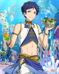  1boy air_bubble bare_shoulders blue_hair bowl bracelet bubble butterflyfish coral coral_reef cowboy_shot cup dark_blue_hair drinking_glass ensemble_stars! fingernails fish fushimi_yuzuru happy_elements holding holding_bowl holding_cup jewelry looking_at_viewer male_focus manta_ray mole mole_under_eye moorish_idol navel official_art purple_eyes salad shell short_bangs short_hair sleeveless smile solo stomach teeth third-party_source tropical_fish 