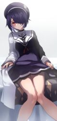  aogiri_koukou blue_dress blush dress feet_out_of_frame female hair_over_one_eye long_sleeves looking_at_viewer on_bed otodama_tamako purple_hair red_eyes sailor_collar sailor_dress short_hair sitting smile solo thighs tsushi virtual_youtuber white_sailor_collar 