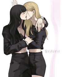  2girls arm_around_shoulder black_hair blackpink blonde_hair closed_eyes commentary_request crop_top french_kiss highres jewelry k-pop kissing lisa_(blackpink) midriff mole mole_under_eye morethanicansa5 multiple_girls navel real_life ring rose_(blackpink) tongue tongue_out twitter_username yuri 