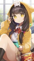  +_+ animal_ears animal_hood asakura_karen_(heaven_burns_red) bag_of_chips black_hair black_socks blush_stickers bow brown_skirt chips_(food) chon_(chon33v) collared_shirt commentary_request dress_shirt fake_animal_ears female food hair_over_shoulder hand_up heaven_burns_red highres holding hood hood_up hooded_jacket jacket knees_up long_hair long_sleeves looking_at_viewer low_twintails o_o on_head parted_lips plaid plaid_skirt pleated_skirt potato_chips puffy_long_sleeves puffy_sleeves red_bow shirt sitting skirt socks solo sweater_vest twintails white_shirt window yellow_eyes yellow_jacket 