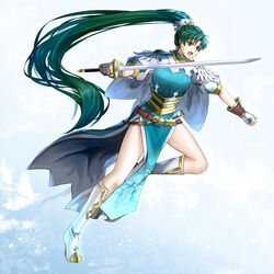  capelet delsaber dress earrings female fingerless_gloves fire_emblem fire_emblem:_the_blazing_blade fire_emblem_heroes full_body gloves green_eyes green_hair highres holding holding_sword holding_weapon jewelry long_hair lyn_(fire_emblem) lyn_(resplendent)_(fire_emblem) open_mouth pelvic_curtain ponytail side_slit solo sword very_long_hair weapon white_gloves 