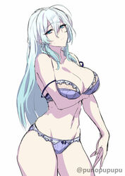  bare_shoulders blue_eyes blush bra breasts cleavage collarbone commentary_request female grey_hair highres large_breasts long_hair looking_at_viewer navel original panties puuzaki_puuna simple_background solo thighs underwear underwear_only yukino_(zeroshiki_kouichi) 