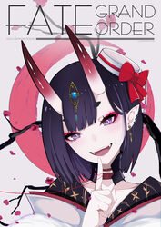  :d absurdres artist_name bad_id bad_pixiv_id bow choker collarbone commentary_request copyright_name derivative_work ear_piercing earrings english_text fangs fate/grand_order fate_(series) female grey_background hand_up hat hat_bow head_tilt headpiece highres horns index_finger_raised japanese_clothes jewelry kimono mini_hat oni open_mouth piercing pointy_ears purple_eyes purple_hair red_bow red_choker short_eyebrows short_hair shuten_douji_(dress_for_demons)_(fate) shuten_douji_(fate) skin-covered_horns smile solo string string_around_finger string_of_fate thick_eyebrows tilted_headwear upper_body white_hat white_kimono yuuta_(yuuta0312) 