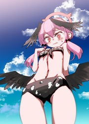  @_@ bikini black_bikini black_wings blue_archive breasts closed_mouth commentary feathered_wings female floral_print from_below front-tie_bikini_top front-tie_top halo hand_up head_wings highres hitotose_rin koharu_(blue_archive) koharu_(swimsuit)_(blue_archive) long_hair low_twintails low_wings navel official_alternate_costume pink_hair pink_halo print_bikini small_breasts swimsuit thigh_gap twintails wavy_mouth wings 