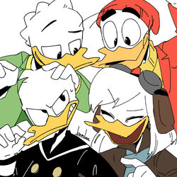  3boys artist_name aviator_cap bamboo_617 beanie bird bird_boy bird_girl black_eyes black_shirt blush brother_and_sister closed_eyes cousins della_duck donald_duck duck ducktales female fethry_duck formal furry furry_male gladstone_gander goggles grin hand_on_another&#039;s_head hat highres laughing long_sleeves looking_at_another multiple_boys red_headwear sailor_collar scarf shirt siblings simple_background smile suit sweater thick_eyebrows toon_(style) twins white_background 