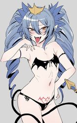  :d arm_strap bare_shoulders bikini black_bikini blue_hair blush bombergirl bra contrapposto cowboy_shot crown demon_girl demon_tail drill_hair fangs female flat_chest gradient_hair grey_background hair_ornament hand_on_own_hip hand_up highres lewisia_aquablue little_mare long_hair looking_at_viewer multicolored_hair navel open_mouth orange_eyes pointy_ears pubic_tattoo side-tie_bikini_bottom simple_background skindentation smile solo standing strapless strapless_bra swimsuit tail tattoo tongue tongue_out twin_drills twintails underwear 