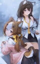  2girls absurdres ahoge animal_ear_fluff animal_ears bare_shoulders black_skirt black_thighhighs bow breasts brown_eyes brown_hair cleavage closed_mouth collarbone collared_shirt commentary_request cup dress_shirt girls&#039;_frontline girls&#039;_frontline_neural_cloud grey_eyes hair_between_eyes hair_ornament hairbow hannah_(neural_cloud) hansum highres holding holding_cup jacket long_hair long_sleeves looking_at_viewer low_twintails medium_breasts mug multicolored_hair multiple_girls necktie off_shoulder parted_lips pink_jacket pleated_skirt puffy_long_sleeves puffy_sleeves shirt skirt sleeveless sleeveless_shirt smile snowing steam tail tail_through_clothes thighhighs turing_(neural_cloud) twintails two-tone_hair very_long_hair white_hair white_shirt yellow_bow yellow_necktie 