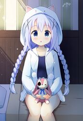  :o against_wall animal_hood bed blanket blue_eyes blue_hair blue_one-piece_swimsuit blue_ribbon blush braid commentary_request drawstring eyepatch female gochuumon_wa_usagi_desu_ka? hair_ornament highres holding holding_stuffed_toy hood hood_up hooded_jacket inakami indoors jacket kafuu_chino light_blue_hair long_hair long_sleeves looking_at_viewer on_bed one-piece_swimsuit open_clothes open_jacket pillow pom_pom_(clothes) rabbit_hood ribbon school_swimsuit sitting solo stuffed_animal stuffed_rabbit stuffed_toy swimsuit twin_braids wooden_wall x_hair_ornament 