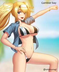  artist_name bikini blonde_hair blue_eyes blue_shirt blurry breasts character_name collared_shirt depth_of_field female gambier_bay_(kancolle) hairband hand_on_own_hip highleg highleg_bikini highleg_swimsuit highres kantai_collection large_breasts long_hair looking_at_viewer multicolored_hairband open_clothes open_shirt shirt smile solo standing swimsuit twintails two-tone_bikini umatsunagi white_hairband 