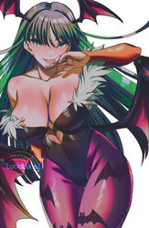  animal_print arm_behind_back arm_up artist_name bare_shoulders bat_print bat_wings black_leotard breasts bridal_gauntlets clothing_cutout collarbone commentary covered_navel cowboy_shot demon_girl english_commentary female fingernails fur-trimmed_leotard fur_trim green_eyes green_hair hair_between_eyes hand_to_own_mouth hand_up head_wings heart_cutout highleg highleg_leotard highres large_breasts leotard linea_alba long_fingernails long_hair looking_at_viewer low_wings lucid_luna morrigan_aensland off-shoulder_leotard off_shoulder orange_bridal_gauntlets pantyhose parted_bangs parted_lips pink_lips print_pantyhose purple_pantyhose purple_wings simple_background smile solo standing stomach_cutout straight_hair thigh_gap thighs vampire_(game) very_long_hair white_background wings 