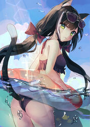  animal_ear_fluff animal_ears ass bikini bird black_bikini black_hair blush bow breasts cat_ears cat_girl cat_tail choppy_bangs clenched_teeth cloud cloudy_sky commentary day eyewear_on_head female fish green_eyes hairbow halterneck highres ijen_(ljenejl) innertube karyl_(princess_connect!) karyl_(summer)_(princess_connect!) long_hair multicolored_hair ocean outdoors partially_submerged partially_underwater_shot princess_connect! red_bow seagull sky solo spaghetti_strap streaked_hair sunglasses swept_bangs swim_ring swimsuit tail tearing_up tears teeth turn_pale twintails water white_hair 