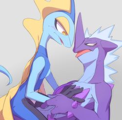  ambiguous_gender anthro blush duo face_to_face feral generation_8_pokemon grabbing_wrist hand_on_chest hi_res inteleon low_key_toxtricity male male/male nintendo on_lap pokemon pokemon_(species) remmus_d sitting_on_another sitting_on_lap toxtricity 