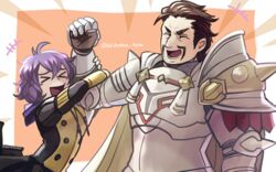  &gt;_&lt; 1boy ahoge alois_rangeld armor artist_name bernadetta_von_varley breastplate brown_hair cape closed_eyes commentary_request facial_hair female fire_emblem fire_emblem:_three_houses garreg_mach_monastery_uniform gauntlets hair_between_eyes long_sleeves messy_hair moustache open_mouth pauldrons purple_hair short_hair shoulder_armor shoulder_spikes spikes standing suikomu_now teeth tongue twitter_username uniform upper_body watermark 