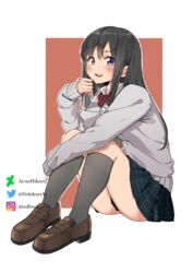  absurdres ai-nohikari black_hair blue_eyes blue_skirt blush bow bowtie brown_footwear collared_shirt commentary deviantart_logo deviantart_username english_commentary female full_body grey_socks grey_sweater hair_between_eyes hand_on_own_leg highres instagram_logo instagram_username kneehighs loafers long_hair long_sleeves looking_at_viewer open_mouth original outline plaid plaid_bow plaid_bowtie plaid_skirt pleated_skirt red_background school_uniform shirt shoes sitting skirt smile socks solo straight_hair sweater teeth thighs twitter_logo twitter_username two-tone_background upper_teeth_only watermark white_background white_outline white_shirt 