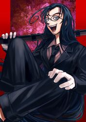  ahoge bad_id bad_pixiv_id black_hair black_suit blue_eyes formal glasses gloves gun hellsing highres huge_ahoge jacket long_hair looking_at_viewer musket necktie open_mouth pants rip_van_winkle sharp_teeth shirt sitting smile sudo_uinaro suit teeth weapon white_gloves 