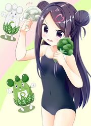  arm_up bare_arms blue_one-piece_swimsuit blush breasts broccoli buck_teeth commentary_request competition_school_swimsuit covered_navel cowboy_shot double_bun female food gloves hair_bun hair_ornament heart heart_hair_ornament highres holding holding_food holding_vegetable inakami leaf long_hair multicolored_background ochikobore_fruit_tart one-piece_swimsuit open_mouth purple_eyes purple_hair school_swimsuit sekino_roko signature small_breasts standing swimsuit teeth vegetable very_long_hair wavy_mouth whiskers white_gloves 