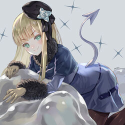  &gt;:) all_fours artist_name bad_id bad_pixiv_id black_hat blonde_hair blue_eyes blue_jacket blush brown_gloves brown_pantyhose closed_mouth commentary_request demon_tail fate_(series) female flower from_side fur_collar fur_trim gloves green_eyes hat hat_flower highres jacket long_hair long_sleeves looking_at_viewer lord_el-melloi_ii_case_files natsujiru pantyhose reines_el-melloi_archisorte smile solo tail tilted_headwear v-shaped_eyebrows 