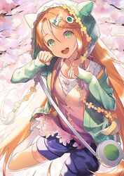  amiami_(company) amico bag blue_shorts cherry_blossoms commentary english_commentary feet_out_of_frame female green_eyes green_hoodie hair_ornament hairclip handbag hood hoodie long_hair looking_at_viewer official_art orange_hair outdoors shirt shoes shorts smile solo very_long_hair white_shirt yumekui 