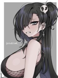  bad_id bad_pixiv_id bare_shoulders black_hair blush breasts clenched_teeth commentary copyright_request cross disgust ear_piercing earrings english_text female fishnets from_side goth_fashion grey_background grey_eyes hair_over_one_eye jessie_nair jewelry large_breasts latin_cross long_hair mole mole_under_eye nago_purin one_side_up original piercing sideboob solo teeth two-tone_background upper_body very_long_hair virtual_youtuber white_background 