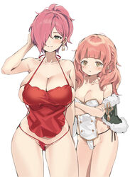  &gt;:( 2girls absurdres arm_up azur_lane bare_shoulders black_panties breasts cape cleavage collarbone crossed_arms earrings fur_trim gogoco green_cape green_eyes hair_over_one_eye highres jewelry large_breasts lingerie long_hair loose_panties medium_breasts mole mole_under_eye multiple_girls panties pink_hair pompeo_magno_(azur_lane) ponytail red_panties revealing_clothes short_hair side-tie_panties sideboob sideless_outfit skindentation standing trieste_(azur_lane) underwear v-shaped_eyebrows 