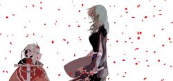  2girls bad_id bad_twitter_id bang_gu9 byleth_(female)_(fire_emblem) byleth_(fire_emblem) edelgard_von_hresvelg fire_emblem fire_emblem:_three_houses green_hair highres horn_ornament horns long_hair medium_hair multiple_girls petals purple_eyes short_hair sword sword_of_seiros sword_of_the_creator weapon white_hair 