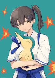  black_hair blue_background blue_hakama breasts closed_eyes commentary_request crossover cyndaquil female hair_between_eyes hakama highres holding japanese_clothes kaga_(kancolle) kantai_collection large_breasts long_hair pokemon pokemon_(creature) samonasu17 side_ponytail simple_background tasuki upper_body yellow_eyes 