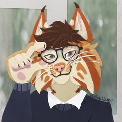  1:1 anthro bobcat brown_hair clothing ear_tuft eevachu eyewear felid feline glasses hair hi_res kotakat looking_at_viewer lynx male mammal new_look_(brand) new_look_lynx smile solo stripes sweater topwear tuft whiskers 