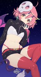  :3 ahoge bat_wings belt closed_mouth commentary_request cropped_jacket demon_tail demon_wings female hair_ornament hand_to_own_mouth high_collar highres horns looking_at_viewer mask mask_on_head midriff murata_tefu nail_polish navel panty_straps pink_hair short_hair shorts signature skull_mask smile solo star_(sky) star_ocean star_ocean_anamnesis tail thick_thighs thighhighs thighs thong verda_kleiman wings yellow_eyes zipper 