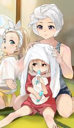  3girls aged_down bare_shoulders barefoot blonde_hair blue_eyes blue_shorts blush collarbone commentary_request drying drying_hair electric_fan food food_in_mouth funi_mu9 grey_tank_top hair_between_eyes hair_ribbon highres indoors inoue_takina kurumi_(lycoris_recoil) long_hair looking_at_another looking_at_viewer lycoris_recoil multiple_girls nishikigi_chisato open_mouth pajamas popsicle popsicle_in_mouth purple_eyes red_eyes red_pajamas ribbon shirt short_hair shorts sitting sweatdrop tank_top tatami towel towel_on_head wariza white_shirt white_towel 