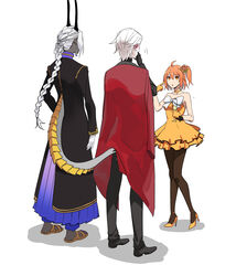  2boys 676643396dolce absurdres ahoge alternate_hairstyle arjuna_(fate) arjuna_alter_(fate) arjuna_alter_(festival_outfit)_(fate) bow braid cape colored_skin commentary_request dress dress_bow fate/apocrypha fate/grand_order fate_(series) female flower formal fujimaru_ritsuka_(female) fujimaru_ritsuka_(female)_(starlight_fest) grey_skin hair_flower hair_ornament hair_slicked_back high_heels highres horns indian_clothes karna_(fate) karna_(formal_dress)_(fate) long_hair multiple_boys official_alternate_costume orange_dress orange_flower orange_hair pantyhose pleated_skirt red_cape sandals side_ponytail skirt suit tail white_hair 