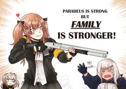  &gt;_&lt; 1boy 3girls :3 armband but_family_is_stronger_(meme) dominic_toretto english_commentary english_text fast_&amp;_furious girls&#039;_frontline gun heart highres holding holding_gun holding_weapon m590_(girls&#039;_frontline) meme mossberg_590 multiple_girls open_mouth scar scar_across_eye scar_on_face scull shotgun sweatdrop tears thumbs_up trait_connection twintails ump45_(girls&#039;_frontline) ump9_(girls&#039;_frontline) vin_diesel weapon yellow_armband 