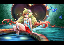  ahoge blonde_hair blue_butterfly blue_hair bug butterfly duel_monster female flower foot_bath gradient_hair hair_flower hair_ornament highres lazupeace letterboxed long_hair looking_at_viewer midriff multicolored_hair pitcher_plant plant red_hair red_skirt skirt solo traptrix_nepenthes water yu-gi-oh! 