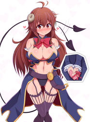  ahoge bare_shoulders blush breasts brown_eyes brown_hair cleavage crisis_management_form_(machimazo) demon_girl demon_horns demon_tail female gift heart highres horns long_hair long_tail looking_at_viewer machikado_mazoku navel ponponmaru revealing_clothes showgirl_skirt simple_background smile solo tail tail_wagging thigh_gap thighhighs valentine very_long_hair white_background yoshida_yuuko_(machikado_mazoku) 